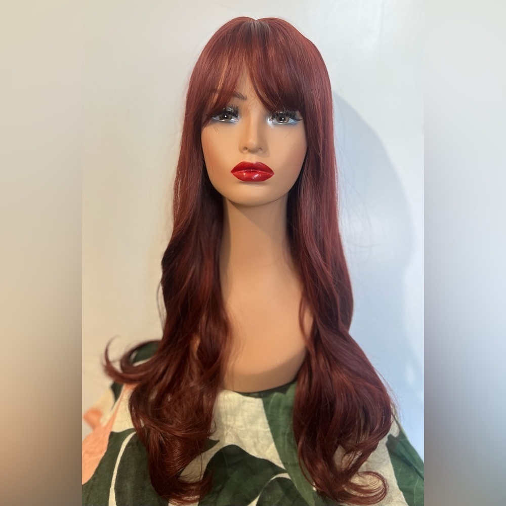 WIG Burgundy Long Wavy  Human hair Blend With Synthetic Fiber